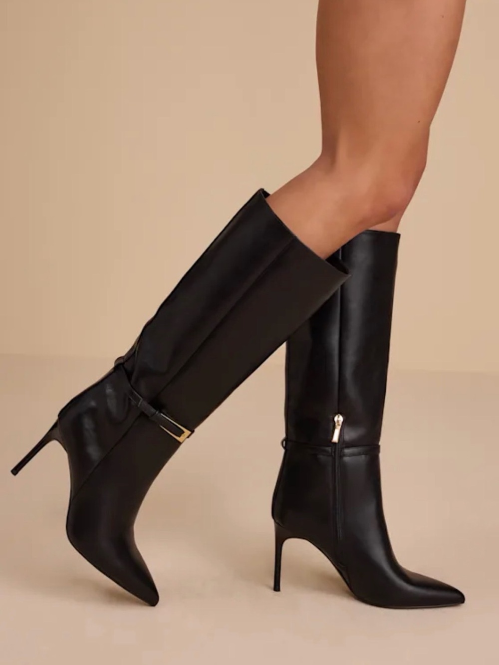 Black Stiletto Knee-High Buckle Boots